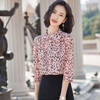 3/4-sleeve Leopard Print Shirt / Midi Skirt / Set