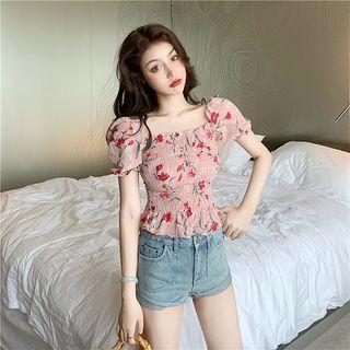 Flower Print Chiffon Short-sleeve Slim-fit Blouse