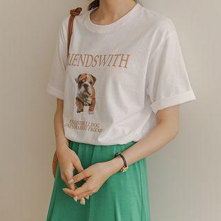 Dog-printed Round-neck T-shirt