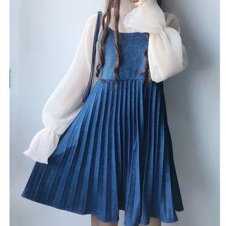 Spaghetti-strap Accordion Pleat Dress / Long-sleeve Chiffon Top