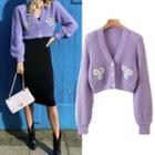 V-neck Bow Accent Cardigan Purple - One Size