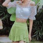 Set: Cold-shoulder Lace-up Swim Top + Swim Skirt