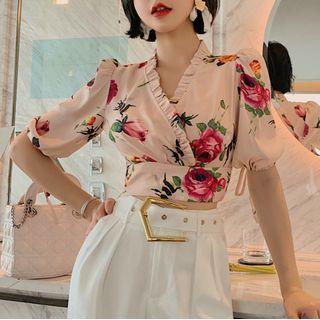 Flower Print Puff-sleeve Cropped Blouse