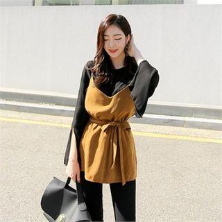 Faux-leather Spaghetti-strap Top With Sash