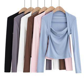 Mock Two-piece Long-sleeve Square Neck Plain Top