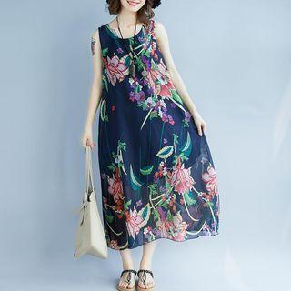 Flower Print Midi Chiffon Tank Dress Navy Blue - One Size