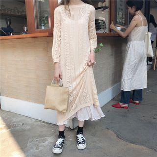 Set: Midi Spaghetti Strap Dress + Pointelle Long-sleeve Midi Knit Dress