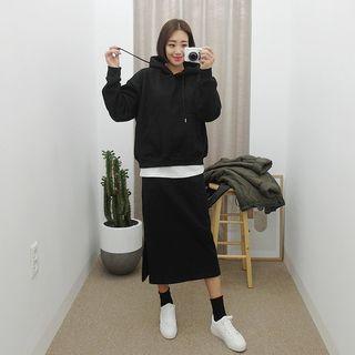 Set: Hooded Napped Sweatshirt + Midi Skirt