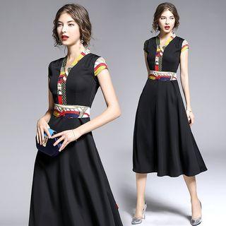 Cap-sleeve Print Trim A-line Midi Dress