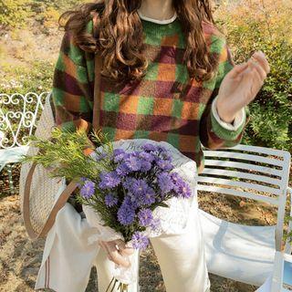 Check Wool Blend Sweater Wine Red - One Size