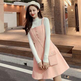 Set: Mock-turtleneck Knit Top + A-line Mini Pinafore Dress