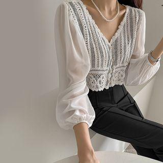 Balloon-sleeve Crochet Knit-panel Blouse