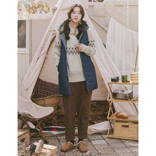 Hooded Quilted Long Vest Navy Blue - One Size
