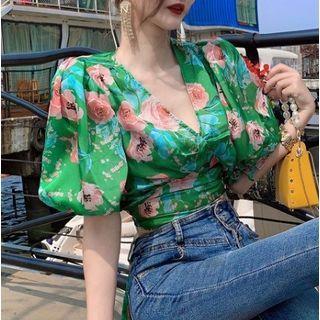 Puff-sleeve Flower Print Cropped Blouse