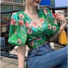Puff-sleeve Flower Print Cropped Blouse