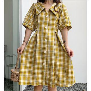 Plaid Elbow-sleeve Tie-waist A-line Shirtdress