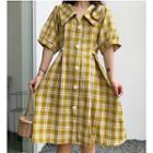 Plaid Elbow-sleeve Tie-waist A-line Shirtdress