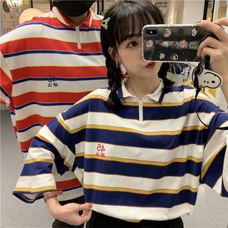 3/4-sleeve Striped Zip Placket T-shirt