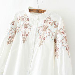 Flower Embroidered Mock Neck Shirt