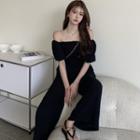 Off-shoulder Lettuce Edge Wide Leg Jumpsuit Black - One Size