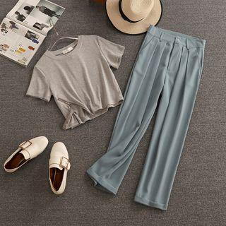 Set: Short-sleeve Slit T-shirt + Wide Leg Pants