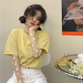 Short-sleeve T-shirt / Long-sleeve Floral Print Mesh Top