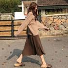 Set: Pocketed Sweater + Midi A-line Knit Skirt Dark Brown - One Size