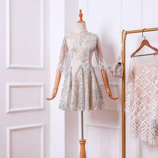 Elbow-sleeve A-line Mini Party Dress