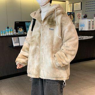 Hooded Tie Dye Faux Shearling Zip Jacket