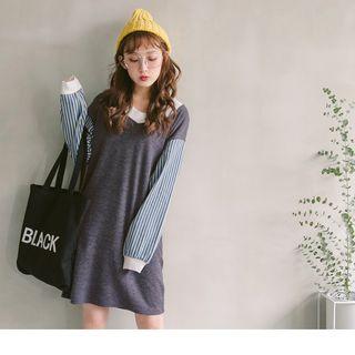 Striped Sleeve Panel V-neck Dress