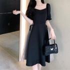Short-sleeve Square-neck Mesh Panel A-line Dress