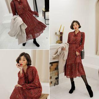 Tie-neck Frilled Midi Floral Dress