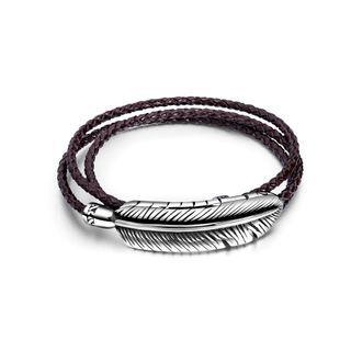 Simple Personality Feather 316l Stainless Steel Multilayer Brown Leather Bracelet Silver - One Size