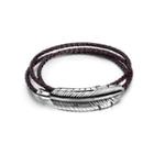Simple Personality Feather 316l Stainless Steel Multilayer Brown Leather Bracelet Silver - One Size