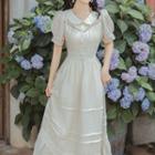 Puff-sleeve Collared Lace Trim Midi A-line Dress