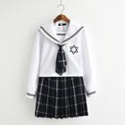 Set: Sailor Collar Long-sleeve Top + Plaid Pleated Mini Skirt