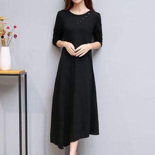 Button Detail Long-sleeve Midi Knit Dress