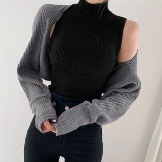 Plain Cardigan / Turtle-neck Sleeveless Knit Top