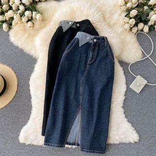 High-waist Color Panel Slit Denim A-line Skirt