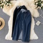 High-waist Color Panel Slit Denim A-line Skirt
