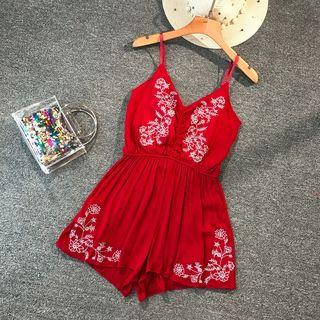 Embroidered Spaghetti-strap Playsuit