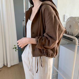 Drawstring-waist Hooded Linen Blend Cardigan