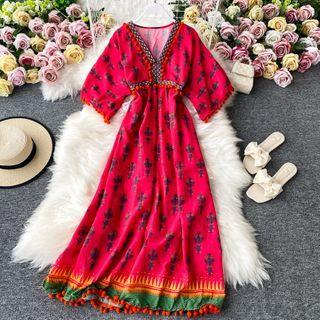Pompom-detail V-neck Printed Maxi Dress