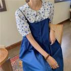 Short-sleeve Flower Print Blouse / Midi Overall Dress