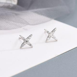 925 Sterling Silver Rhinestone Star Earring Es855 - 1 Pair - One Size