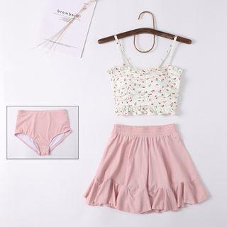 Swim Set: Spaghetti Strap Floral Top + Swim Skirt + Bottom