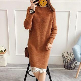 Mock Two-piece Lace Panel Long-sleeve Midi Knit Dress