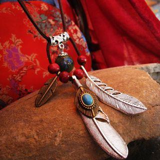 Alloy Feather Ceramic Bead Pendant Necklace 3 Leaves - Beads - Green - One Size