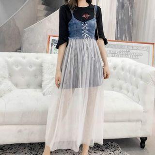 Set: Elbow-sleeve Long T-shirt + Spaghetti-strap Denim Panel Mesh Maxi Dress