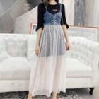 Set: Elbow-sleeve Long T-shirt + Spaghetti-strap Denim Panel Mesh Maxi Dress